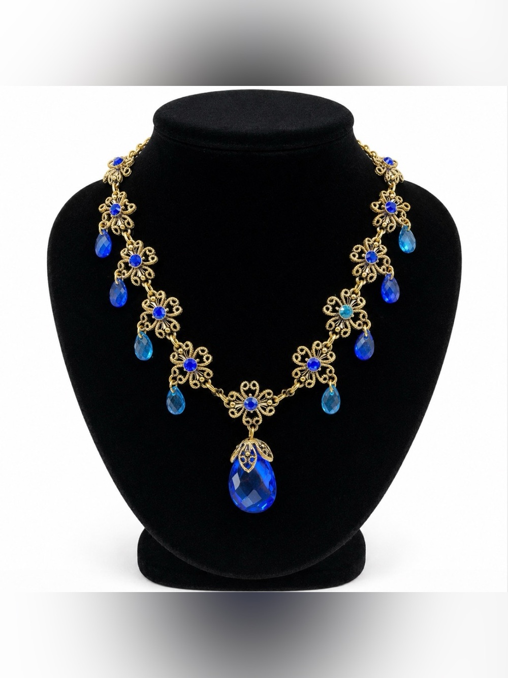 Avon Collier Briolette Multicolore Blue Rhinestone Scroll Gold Necklace Vintage - Picture 8 of 10